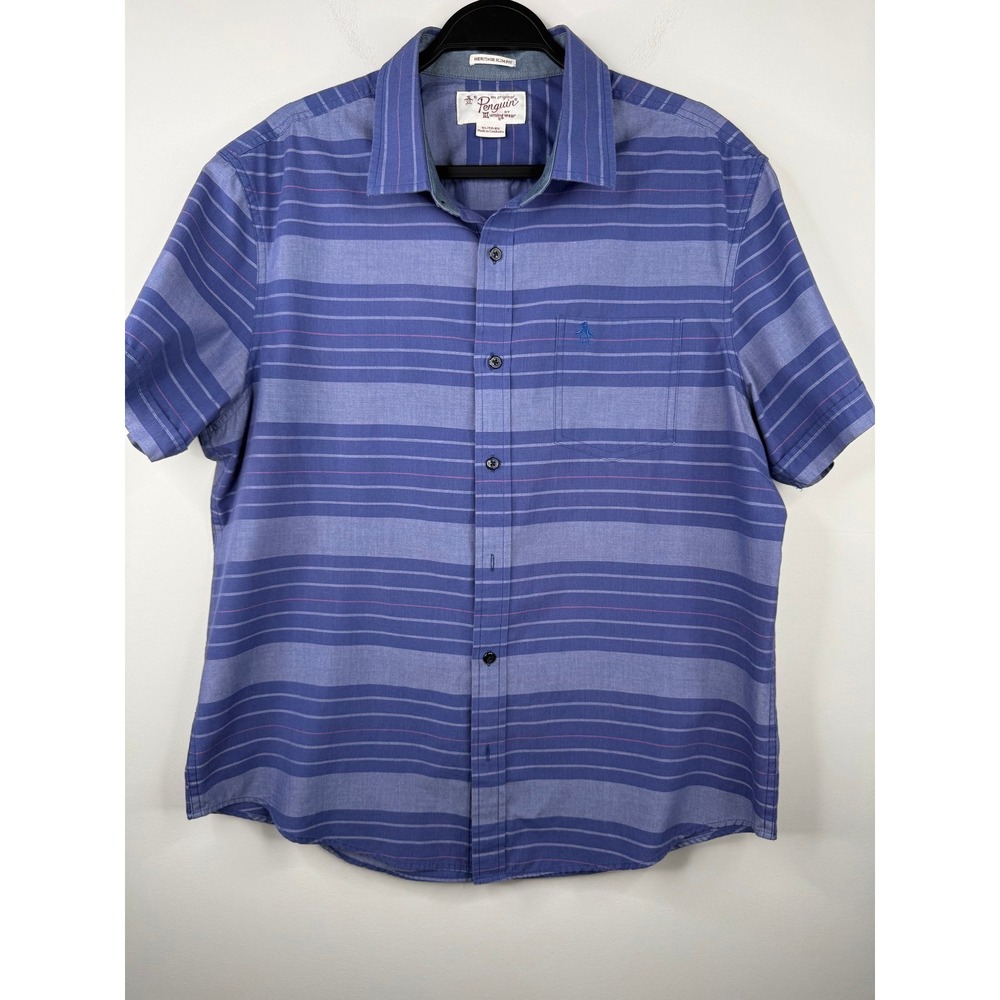 Original Penguin Munsingwear Mens XL Blue Striped Short Sleeve Slim Fit Shirt